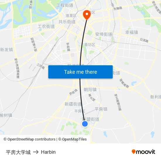 平房大学城 to Harbin map