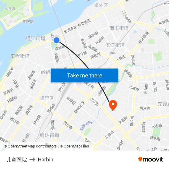 儿童医院 to Harbin map