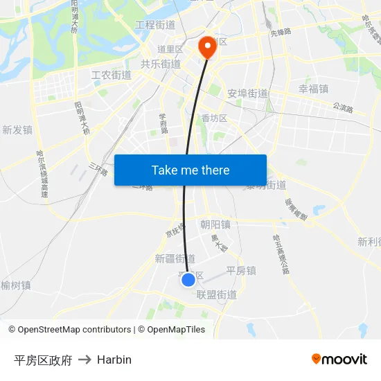 平房区政府 to Harbin map