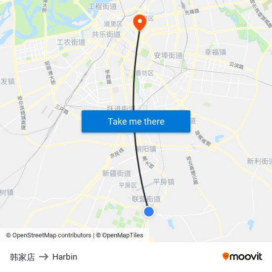 韩家店 to Harbin map