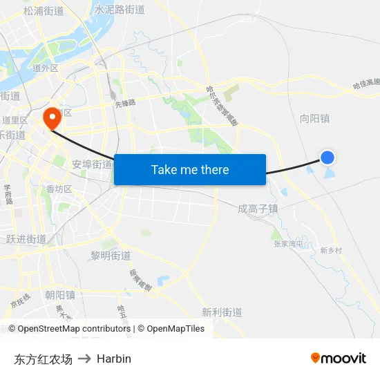 Dongfanghong Farm to Harbin map