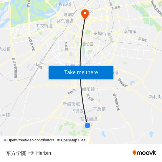 东方学院 to Harbin map
