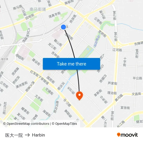 医大一院 to Harbin map