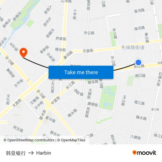 韩亚银行 to Harbin map