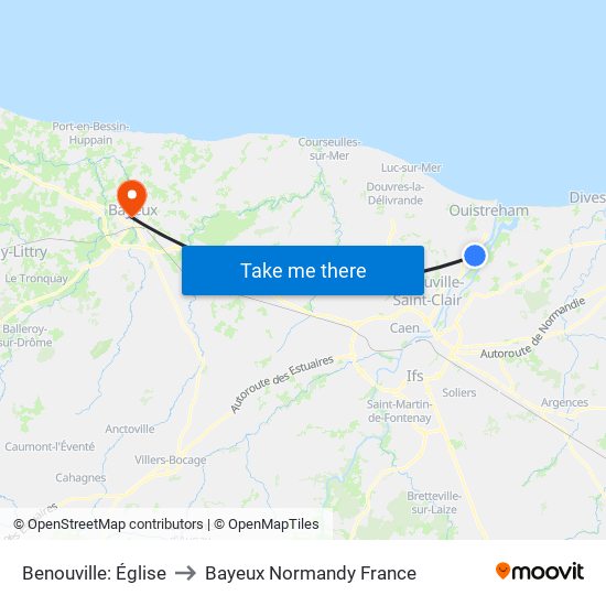 Benouville: Église to Bayeux Normandy France map