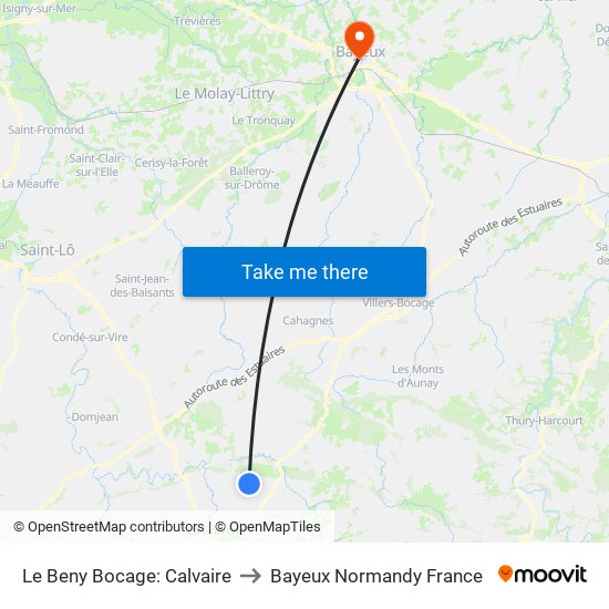 Le Beny Bocage: Calvaire to Bayeux Normandy France map