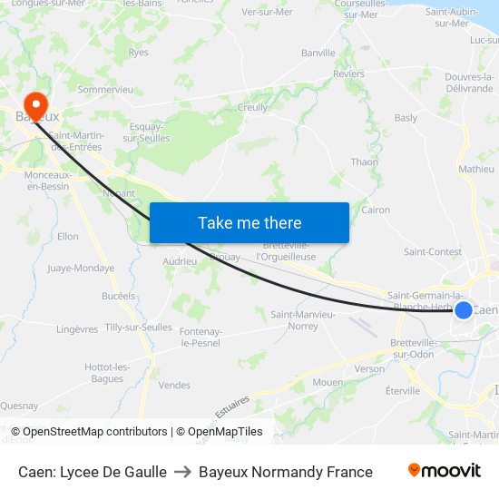 Caen: Lycee De Gaulle to Bayeux Normandy France map