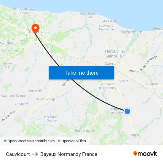 Cauvicourt to Bayeux Normandy France map