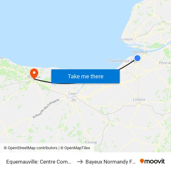 Equemauville: Centre Commercial to Bayeux Normandy France map