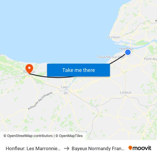 Honfleur: Les Marronniers to Bayeux Normandy France map