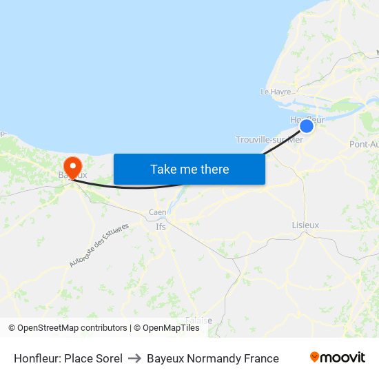 Honfleur: Place Sorel to Bayeux Normandy France map