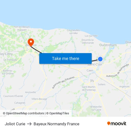 Joliot Curie to Bayeux Normandy France map