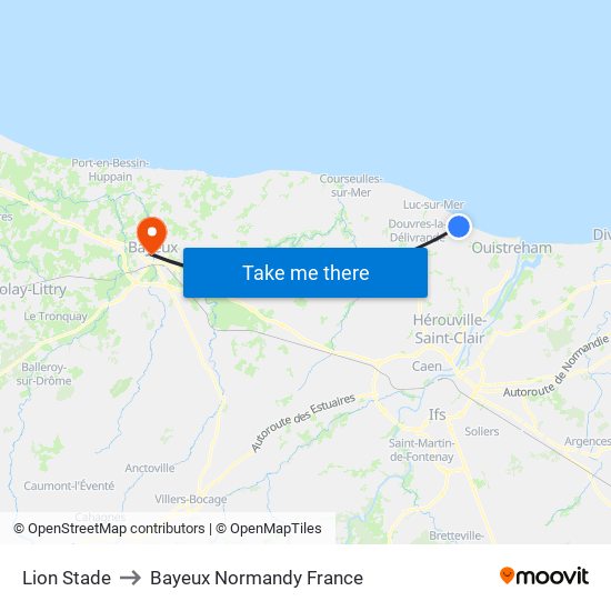 Lion Stade to Bayeux Normandy France map