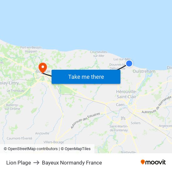 Lion Plage to Bayeux Normandy France map