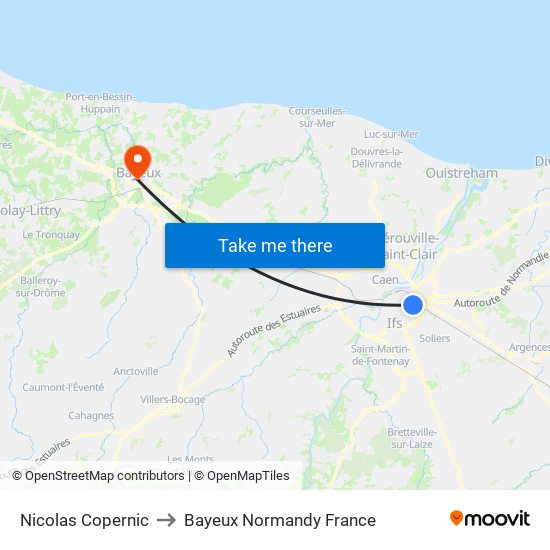 Nicolas Copernic to Bayeux Normandy France map