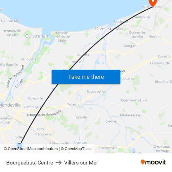 Bourguebus: Centre to Villers sur Mer map