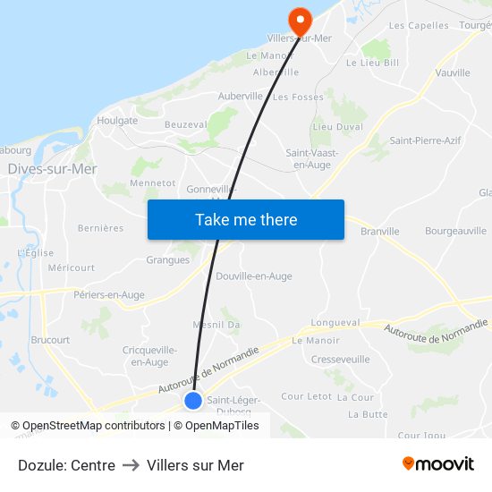 Dozule: Centre to Villers sur Mer map