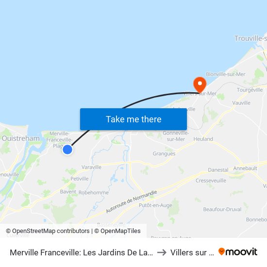 Merville Franceville: Les Jardins De La Fontaine to Villers sur Mer map