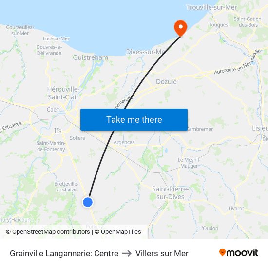 Grainville Langannerie: Centre to Villers sur Mer map