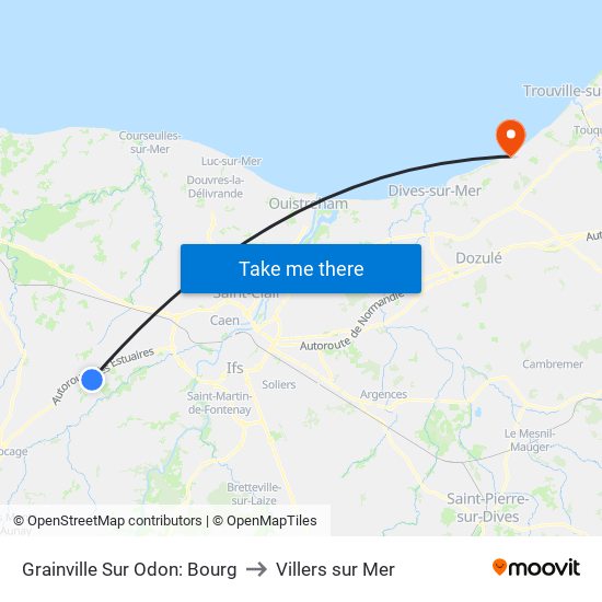 Grainville Sur Odon: Bourg to Villers sur Mer map