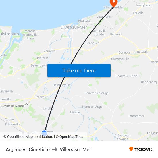 Argences: Cimetière to Villers sur Mer map