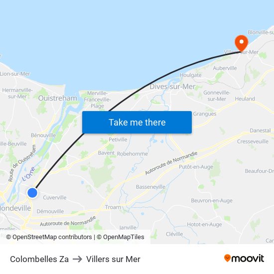 Colombelles Za to Villers sur Mer map