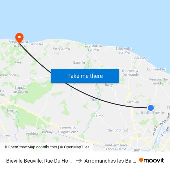 Bieville Beuville: Rue Du Home to Arromanches les Bains map