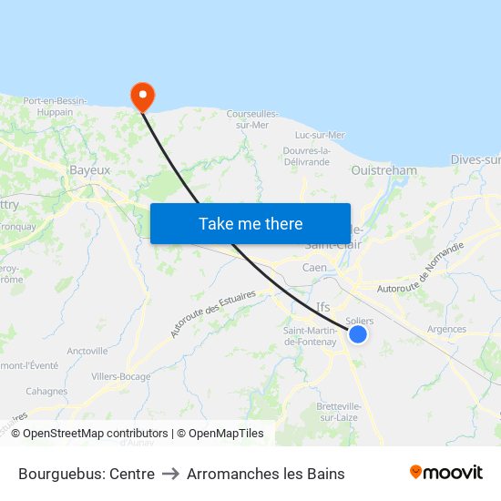 Bourguebus: Centre to Arromanches les Bains map