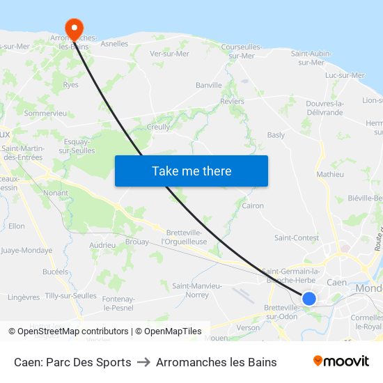 Caen: Parc Des Sports to Arromanches les Bains map