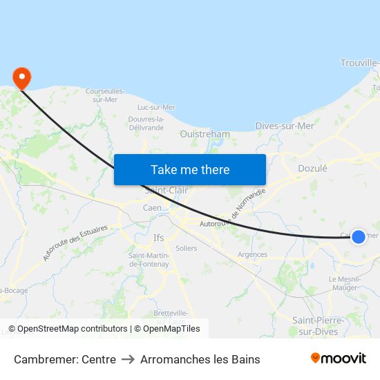 Cambremer: Centre to Arromanches les Bains map
