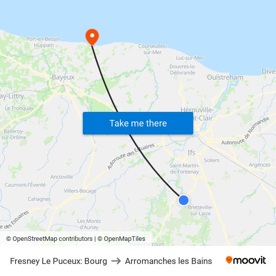 Fresney Le Puceux: Bourg to Arromanches les Bains map