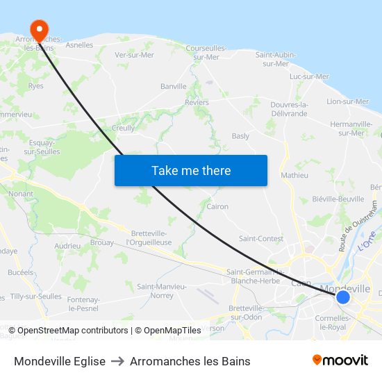 Mondeville Eglise to Arromanches les Bains map