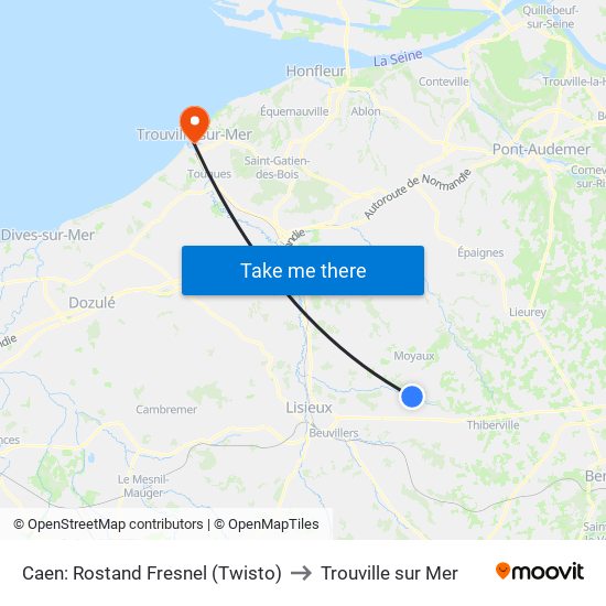 Caen: Rostand Fresnel (Twisto) to Trouville sur Mer map