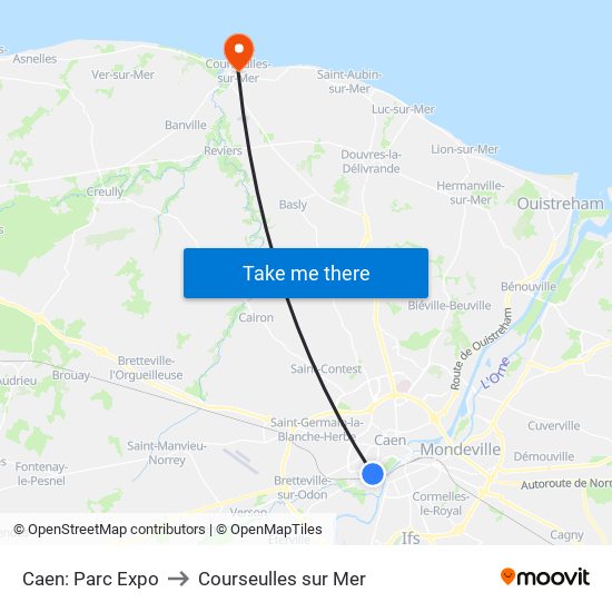 Caen: Parc Expo to Courseulles sur Mer map