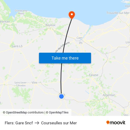 Flers: Gare Sncf to Courseulles sur Mer map