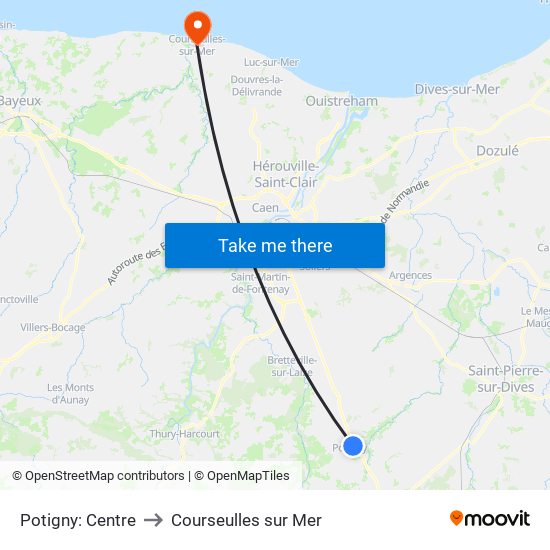 Potigny: Centre to Courseulles sur Mer map