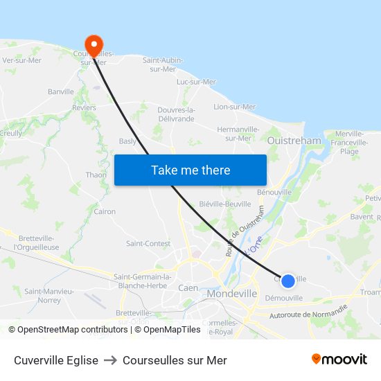 Cuverville Eglise to Courseulles sur Mer map