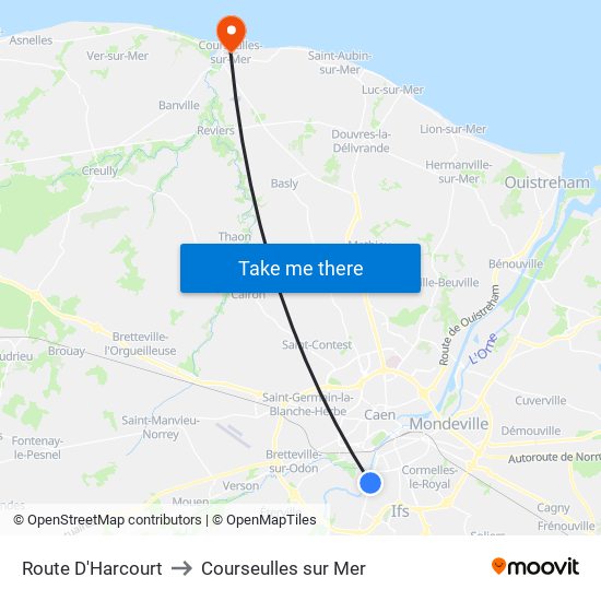 Route D'Harcourt to Courseulles sur Mer map