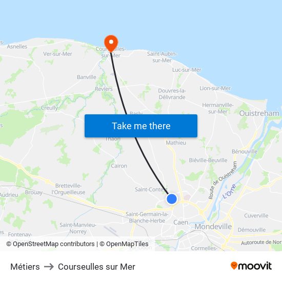 Métiers to Courseulles sur Mer map