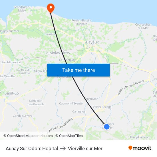 Aunay Sur Odon: Hopital to Vierville sur Mer map