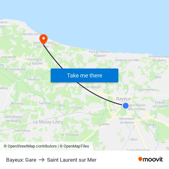 Bayeux: Gare to Saint Laurent sur Mer map