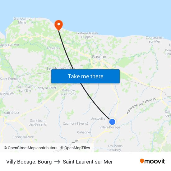 Villy Bocage: Bourg to Saint Laurent sur Mer map