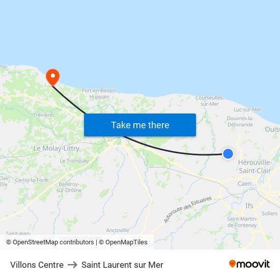 Villons Centre to Saint Laurent sur Mer map
