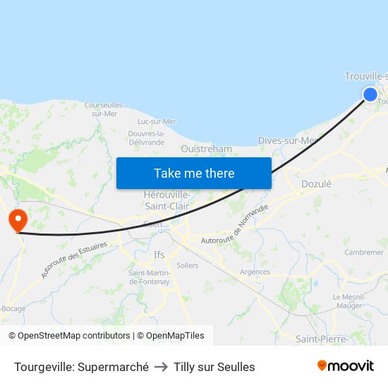 Tourgeville: Supermarché to Tilly sur Seulles map