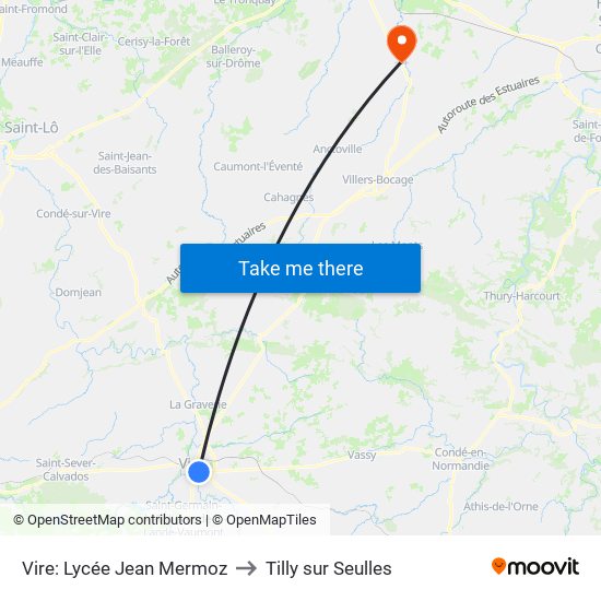 Vire: Lycée Jean Mermoz to Tilly sur Seulles map