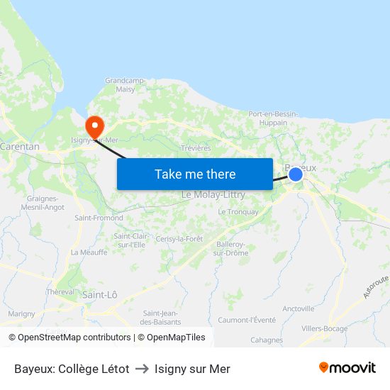 Bayeux: Collège Létot to Isigny sur Mer map