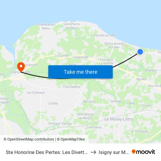 Ste Honorine Des Pertes: Les Divettes to Isigny sur Mer map