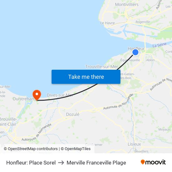 Honfleur: Place Sorel to Merville Franceville Plage map