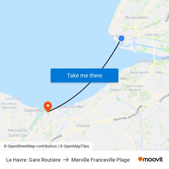 Le Havre: Gare Routière to Merville Franceville Plage map