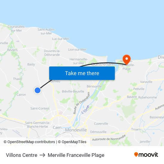 Villons Centre to Merville Franceville Plage map